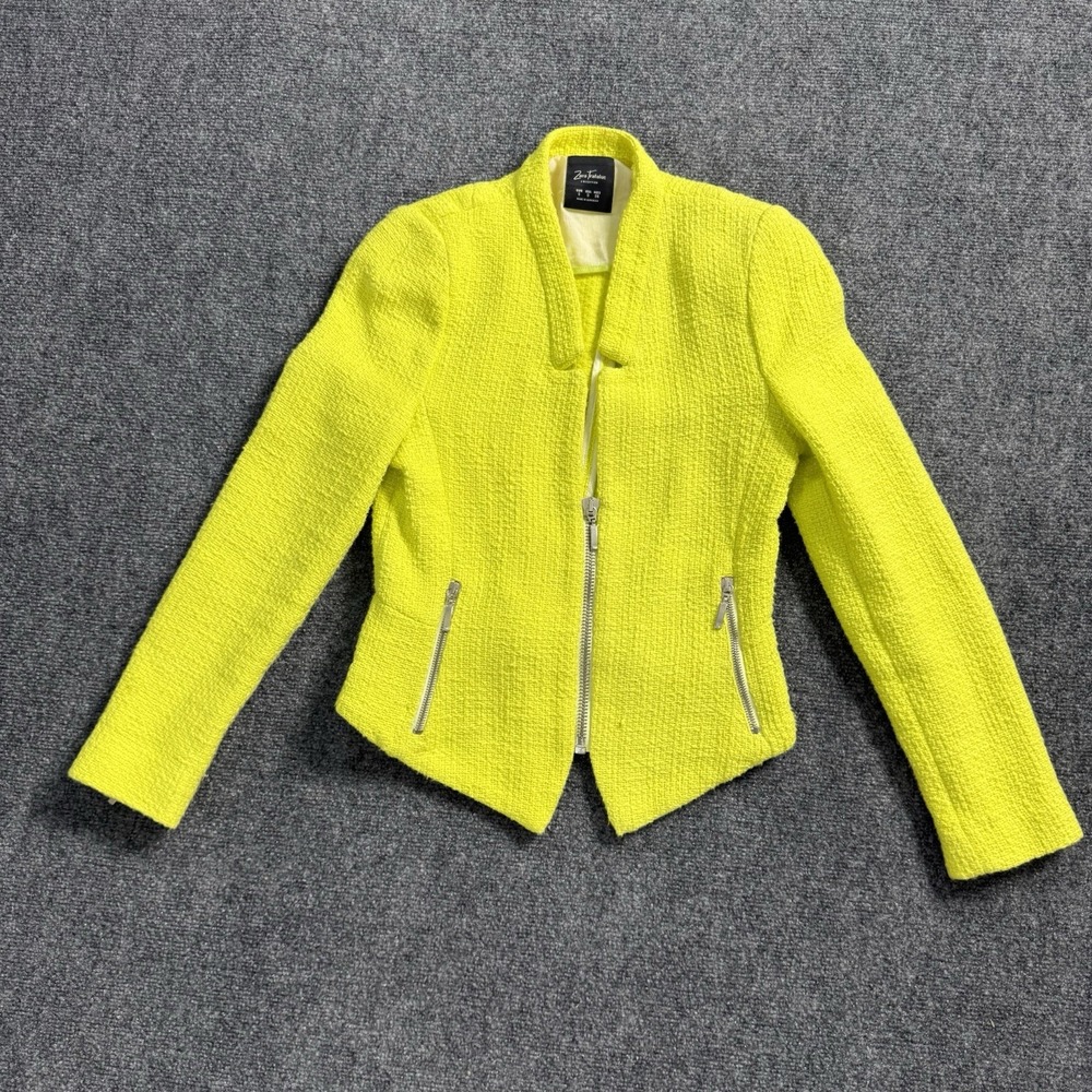 Zara Trafaluc Women's S Neon Yellow Green Boucle Zip Jacket Blazer